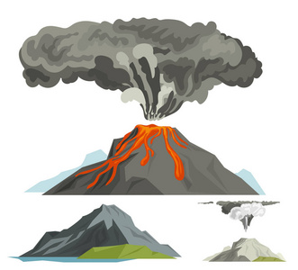 火山岩浆自然炸毁与烟雾火山喷发熔岩山矢量插图