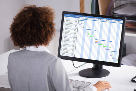 在办公室的计算机上甘特图工作的女实业家的后方视图