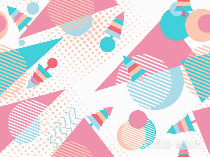 插画 圣诞无缝模式孟菲斯风格与几何形状和冷杉树.矢量插图.eps