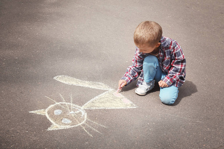 小男孩用粉笔在沥青上画猫