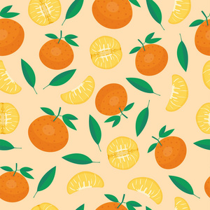 成熟橙产品水果无缝花纹柑橘片甜食品逼真的有机矢量插画