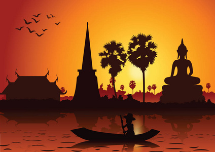 日落景观和佛泰寺与一条划船船周围的树. 东方生活方式的乡村