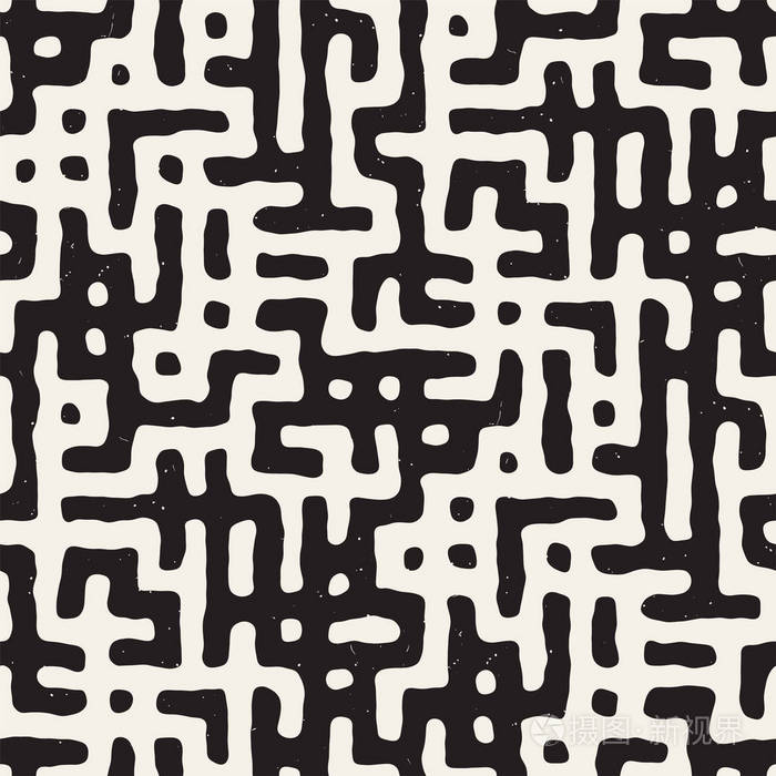 矢量无缝黑白圆形不规则迷宫图案.抽象手绘几何背景