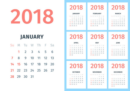 与 2018年的日历每月日历板指出我们