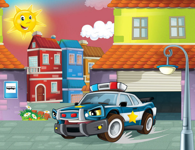 卡通场面与警车驾驶通过城市例证为孩子