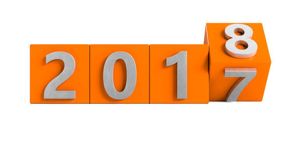 橙色2017盒旋转到银色2018金属质感。在白色背景上隔离的新年概念。3d 渲染, 插图