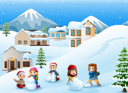 在雪地里村卡通孩子在雪地里玩耍的矢量插图照片