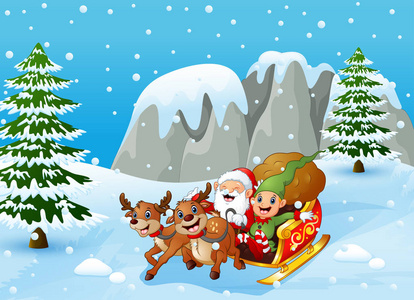 圣诞老人和精灵在雪丘上滑动的矢量插图
