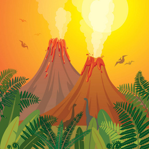 史前的自然景观火山 恐龙 蕨