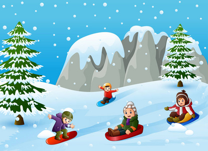 腾讯冰雪运动冰雪丘陵儿童冬季运动的矢量图解插画