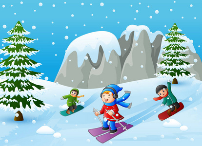 儿童在山中玩耍冬季运动的矢量图解
