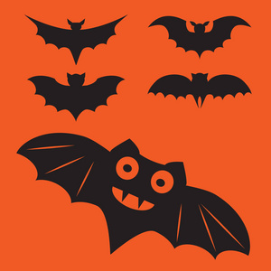 有趣的万圣节矢量神秘吸血鬼剪影。黑暗的幽灵蝙蝠怪物分离橙色背景