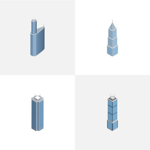 等轴测图的大厦套大厦 公寓 摩天大楼和其他矢量对象。此外包括城市景观 商务中心元素
