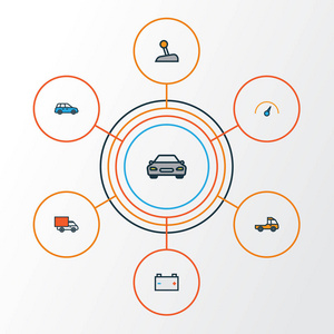 汽车多彩大纲图标设置。范 皮卡 速度和其他元素的集合。此外包括汽车 轨道 总理等符号