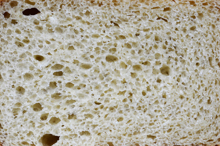 白色面包纹理在一个切口。成品面团平面上的特写视图