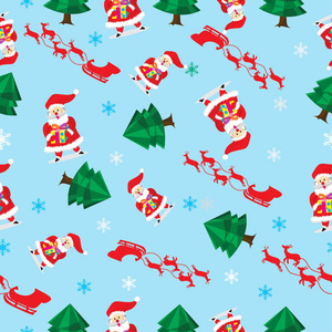 无缝图案卡通矢量圣诞圣诞老人礼物和树蓝色背景