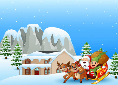 卡通的矢量插图圣诞老人与精灵骑在雪橇上的礼物袋