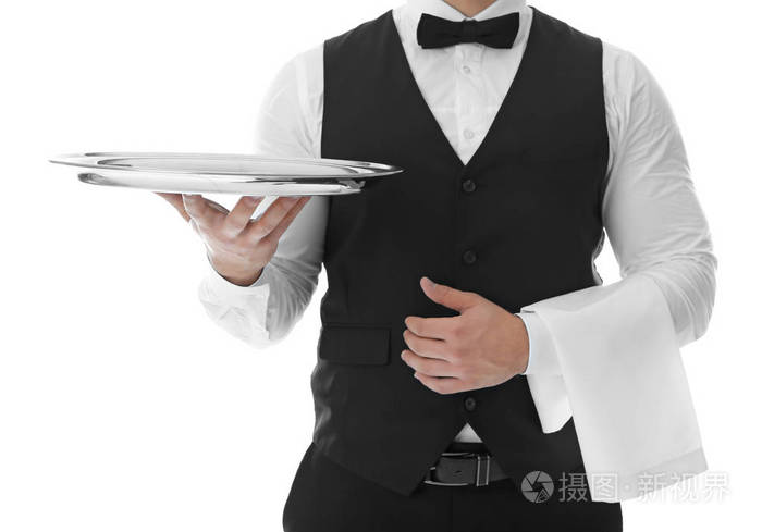 白色背景空托盘服务员