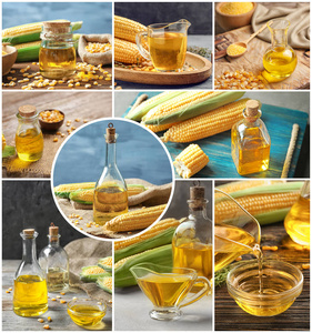不同玻璃器皿的玉米油拼贴画图片