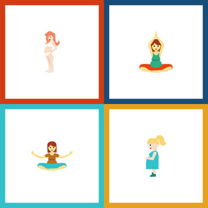 平面图标怀孕一套瑜伽 怀孕 孕妇和其他矢量对象。也包括女人，冥想，怀孕元素