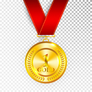 冠军艺术金牌与红色丝带1图标标志第一个地方隔离在透明的背景.