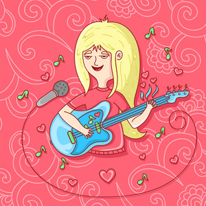 卡通逗人喜爱的女孩弹吉他和唱歌入投影仪