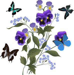 四个蓝蝴蝶和鲜花花束