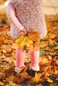 秋天的落叶，在公园里玩的小女孩
