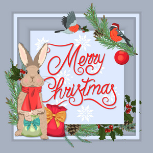 圣诞贺卡与一个非常可爱的兔子, 鸟类和松树分行