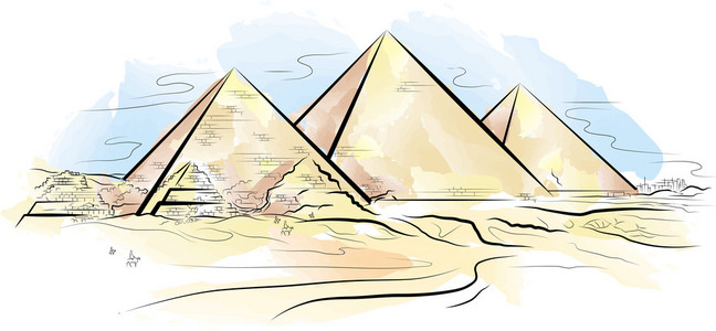 绘制埃及吉萨的彩色金字塔和沙漠