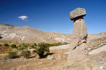 典型的 Cappadocian 风景石头 蘑菇, 火山的岩石柱子在 Selime 附近, 土耳其, 中央安纳托利亚