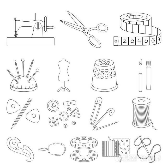缝纫, 画室轮廓图标的集合中进行设计.工具包矢量符号股票 web 插图