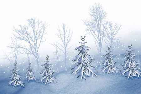 冰冻的冬季森林。树木和雪的照片拼贴