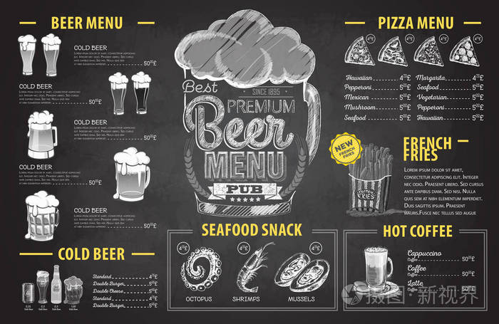 老式粉笔画啤酒菜单设计.餐厅菜单