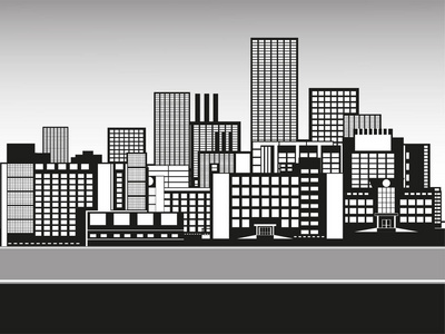 大城市的建筑物.黑白矢量插图照片