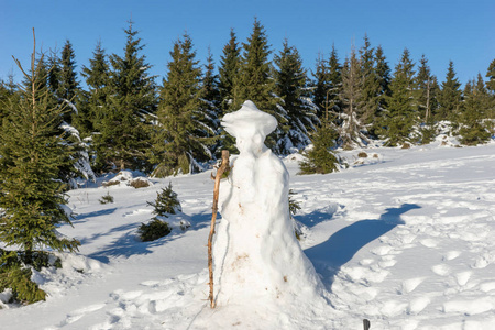 冬天森林里堆着木棍的雪人