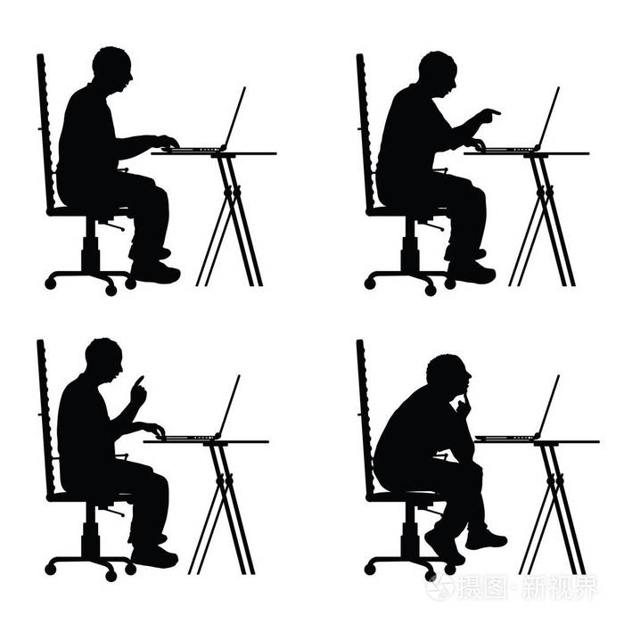 人剪影坐在办公室椅子与膝上型电脑插图插画 正版商用图片034e8n 摄图新视界