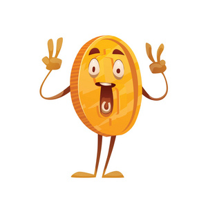 滑稽的金币显示胜利的迹象金色的放大镜放大的金币, 比特币挖掘概念