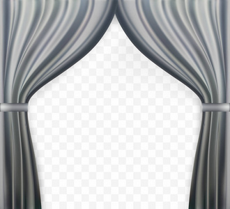 窗帘的自然主义形象, 拉开窗帘的灰色透明底色。矢量插图