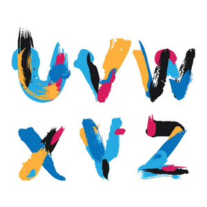 完美创意手写字体手绘画笔笔画字母 u,v,w,x,y 和 z 鲜艳的水彩斑点和