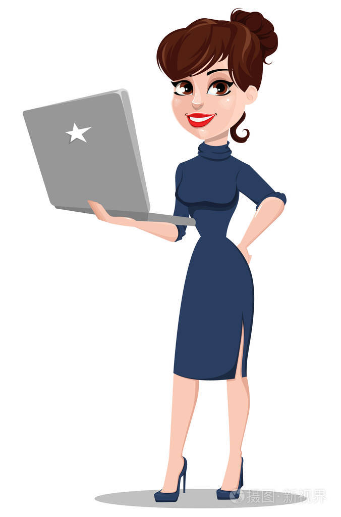 年轻的卡通的女商人美丽的小姐控股笔记本电脑