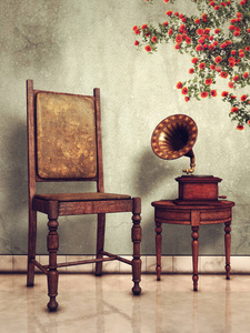 老式的椅子和一张留声机在一个小桌子上的玫瑰藤的房间。3d 渲染