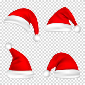 圣诞圣诞老人帽设置。新的一年顶红色的帽子孤立在透明背景。矢量图