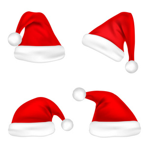 圣诞圣诞老人帽设置。新的一年顶红色的帽子孤立在白色背景。矢量图