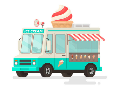 白色背景上的冰淇淋卡车。矢量图在平面样式