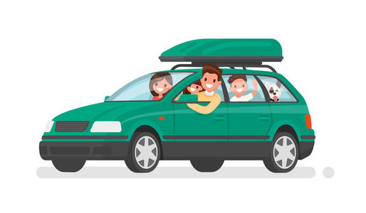 幸福的家庭乘汽车去度假。父亲 母亲 儿子 女儿和狗去旅行。矢量图