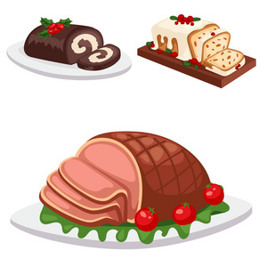 圣诞食品和甜点节日装饰圣诞节甜蜜庆祝矢量传统节日冬季蛋糕自制菜