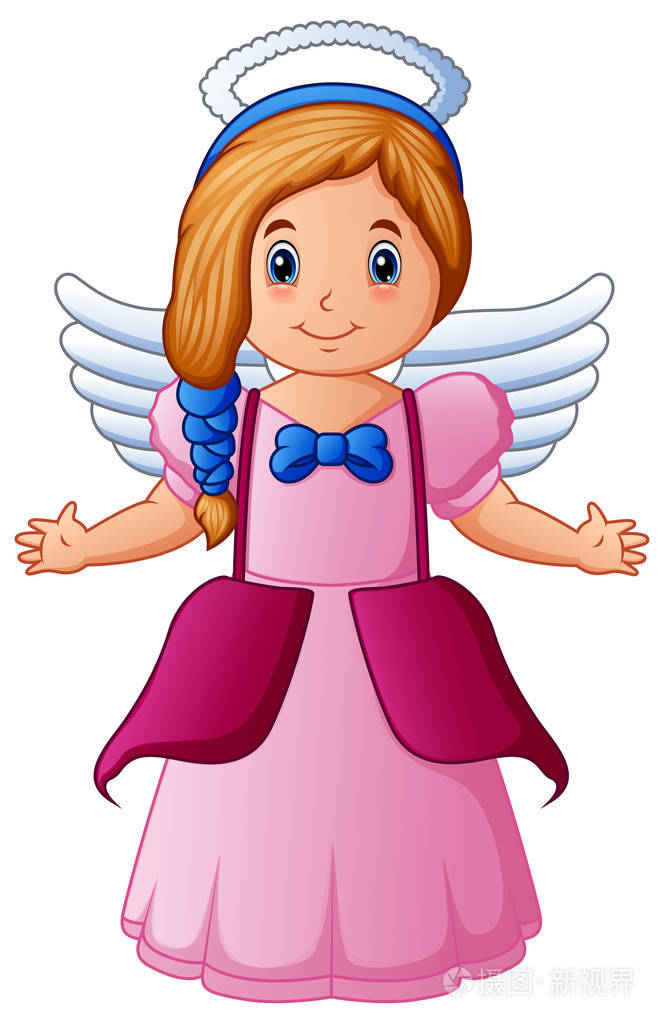矢量插画可爱的快乐卡通女孩天使与白色翅膀飞行