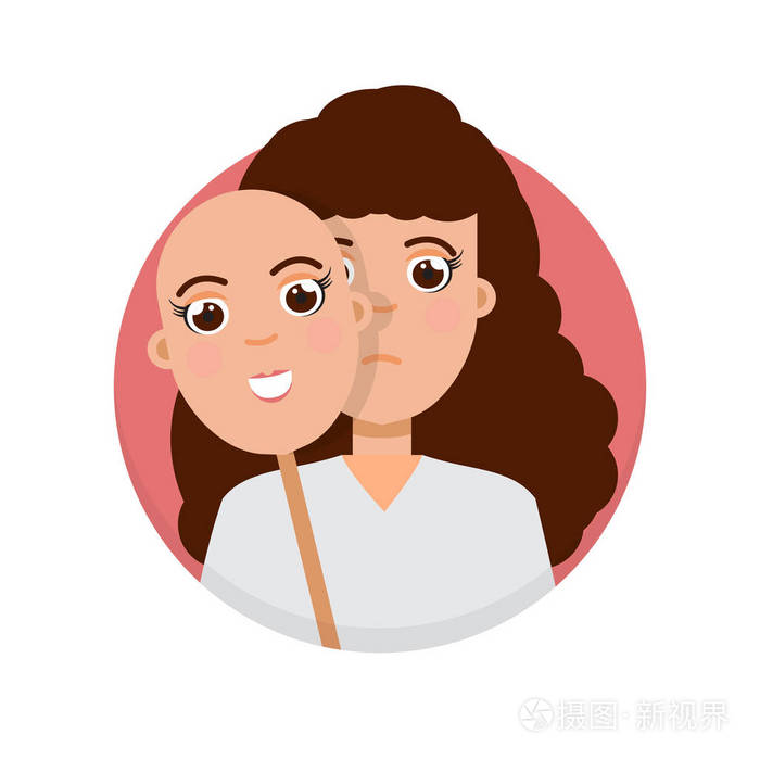 隐藏在微笑面具下真正哀伤的面孔.矢量插图