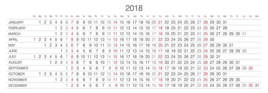 日历.2018日历。矢量打印模板
